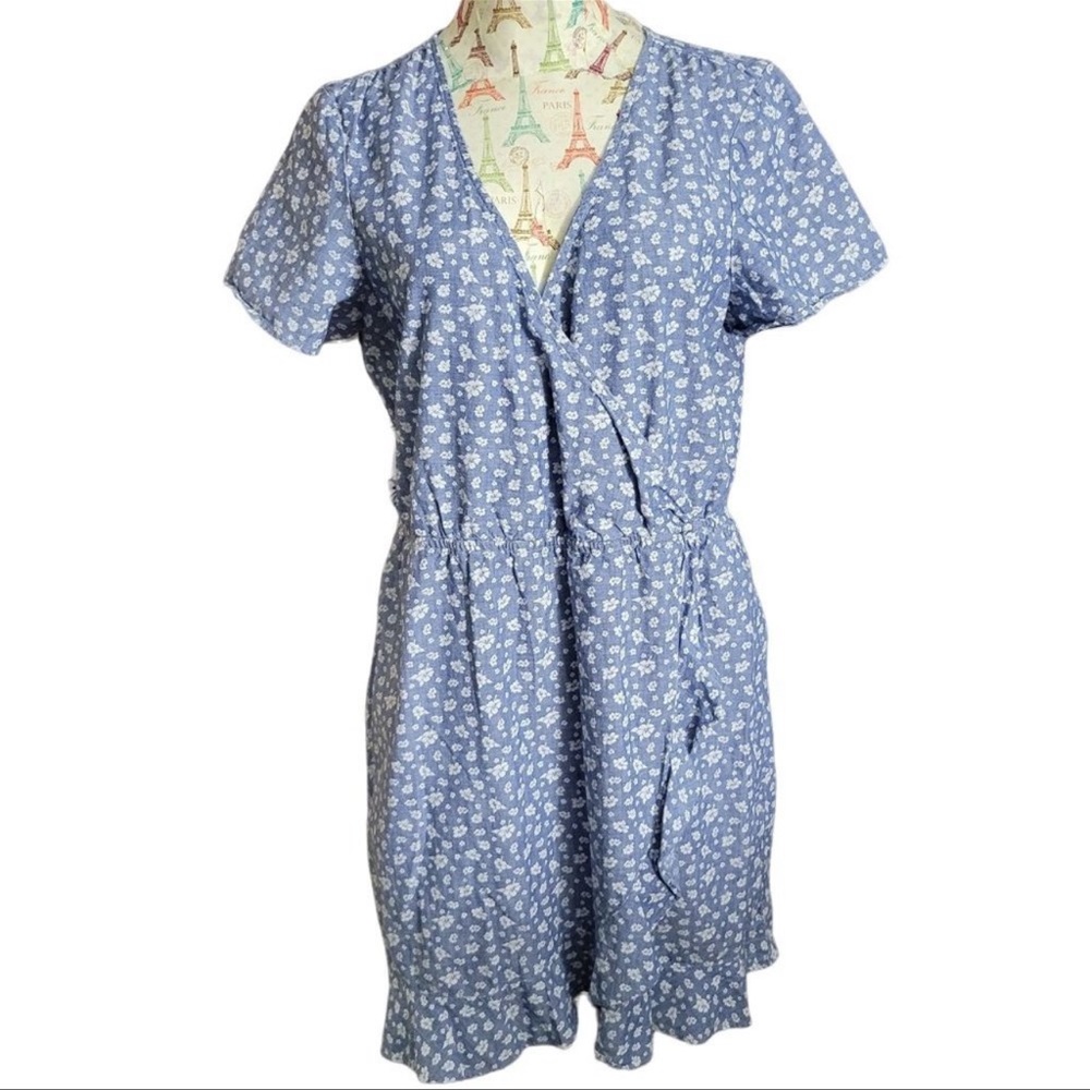 J.Crew Mercantile Sz M Blue Floral Faux Wrap Ruffle Cottage Core Mini Dress - Picture 7 of 13